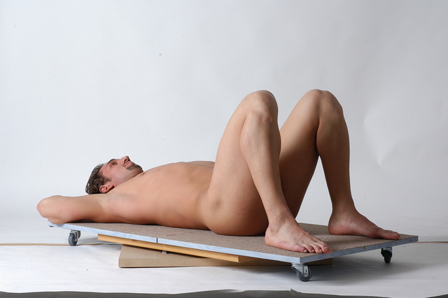 Nude Man White Laying poses - ALL Slim Short Brown Laying poses - on back