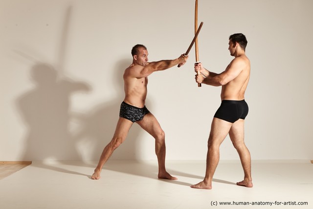 Underwear Fighting with spear Man - Man White Moving poses Muscular Short Brown Dynamic poses