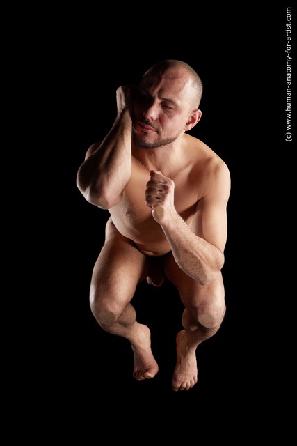 Nude Man Muscular Bald Hyper angle poses