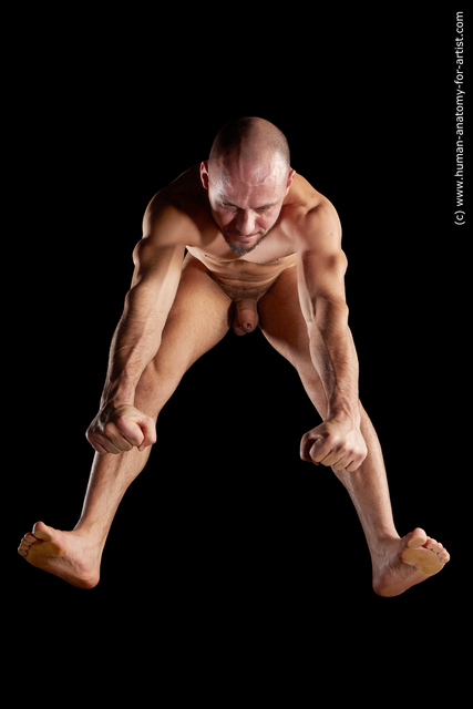 Nude Man White Muscular Bald Hyper angle poses