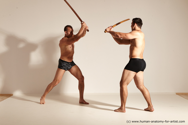 Underwear Fighting Man - Man White Athletic Short Brown Dynamic poses