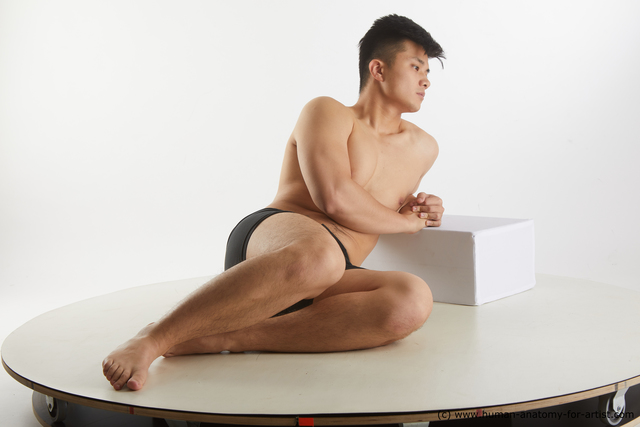 Underwear Man Asian Laying poses - ALL Slim Short Laying poses - on side Black Standard Photoshoot