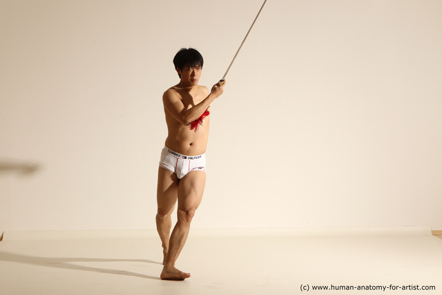 Underwear Fighting with sword Man Asian Slim Short Black Dynamic poses