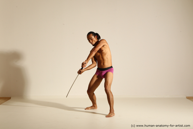 Underwear Fighting with sword Man Asian Athletic Long Black Dynamic poses
