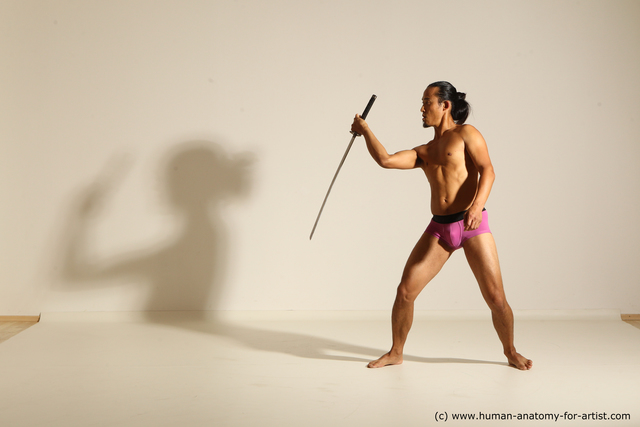 Underwear Fighting with sword Man Asian Athletic Long Black Dynamic poses
