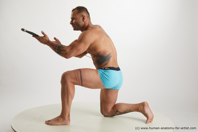 Underwear Fighting with sword Man White Kneeling poses - ALL Muscular Short Brown Kneeling poses - on one knee Standard Photoshoot